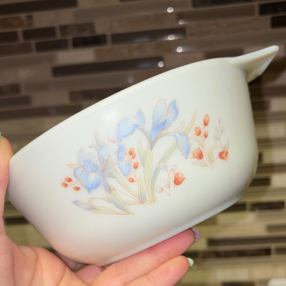 Pyrex England Blue Iris Milk Glass Casserole Dish 6.5” - Picture 3 of 11